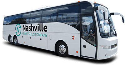 a white charter bus with a "nashville charter bus company" logo on it